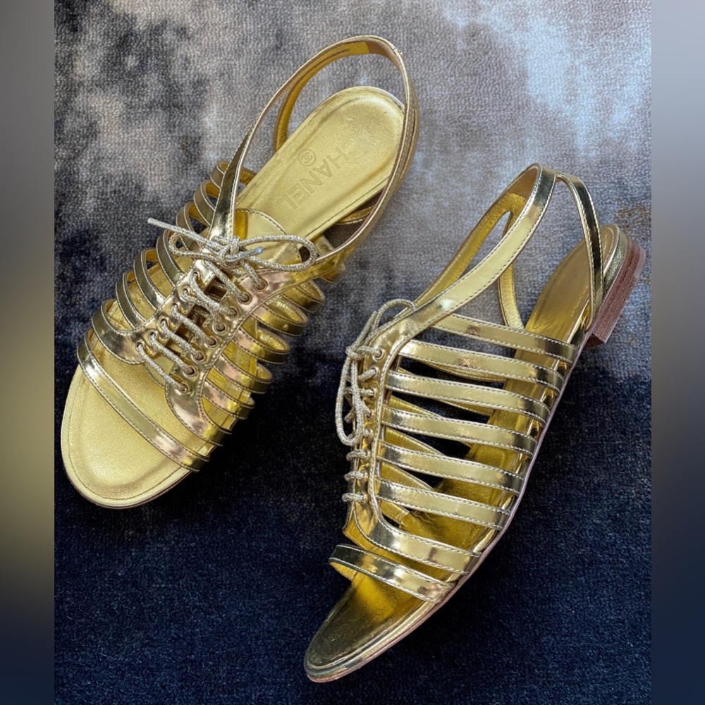 CHANEL Gold Lace-Up Cage Shoe